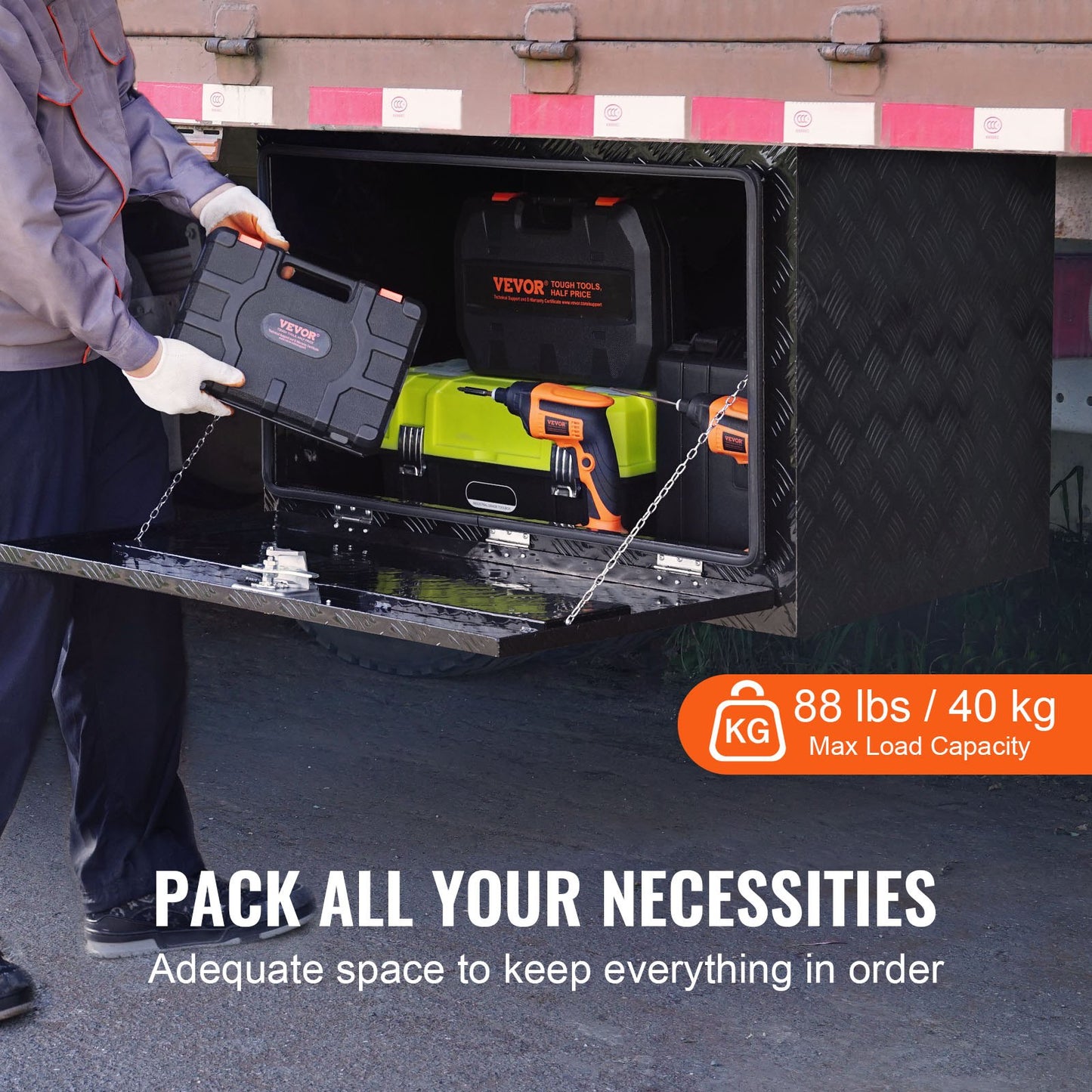 Underrede för lastbil, förvaringslåda för pickuper, 91 x 61 x 61 cm, kraftig verktygslåda i diamantplåt i aluminium med lås och nycklar, vattentät förvaringslåda för släpvagn med T-handtag för lastbil, skåpbil, släpvagn