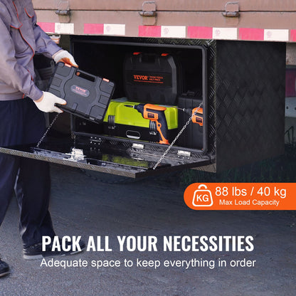 Underrede för lastbil, förvaringslåda för pickuper, 91 x 61 x 61 cm, kraftig verktygslåda i diamantplåt i aluminium med lås och nycklar, vattentät förvaringslåda för släpvagn med T-handtag för lastbil, skåpbil, släpvagn