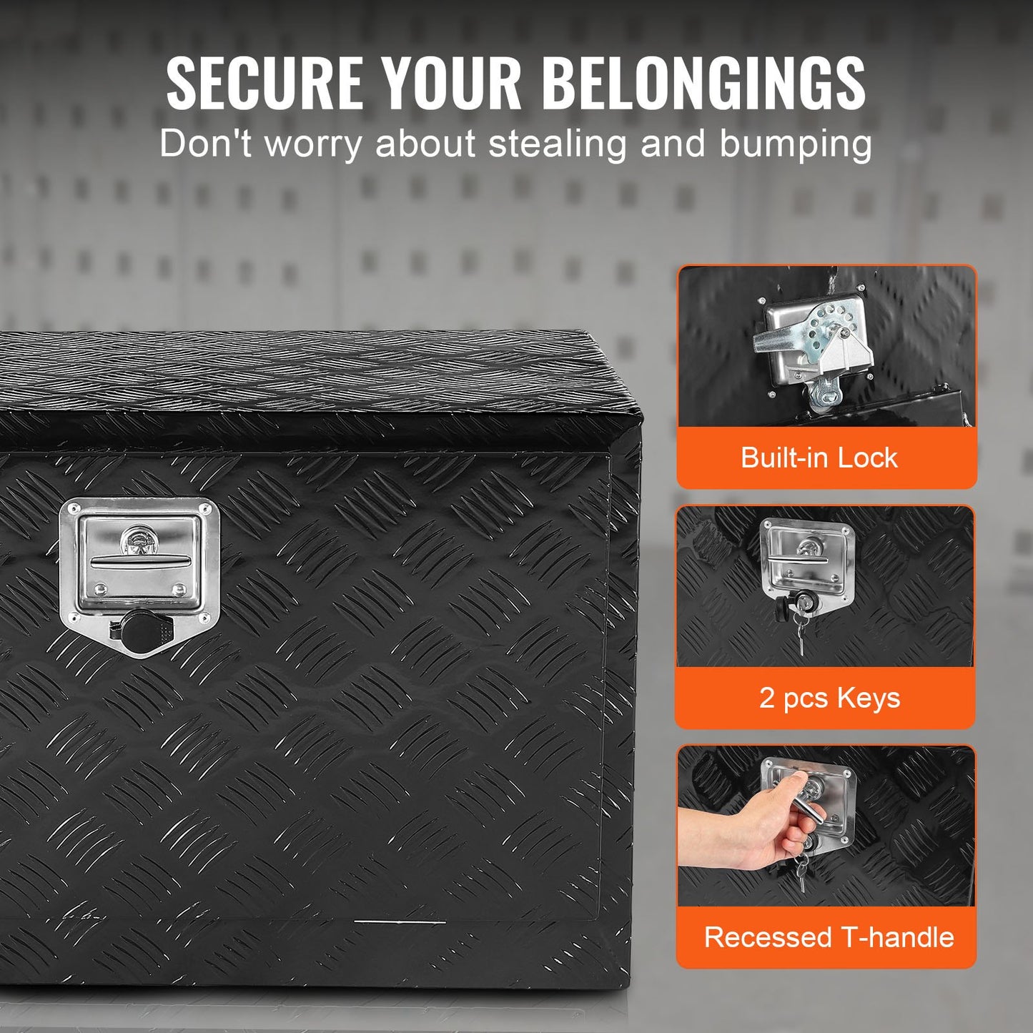 Underbody Truck Box, 48" x 24" x 24" Pickup Storage Box, Heavy Duty Aluminum Diamond Plate Tool Box with Lock and Keys, Waterproof Trailer Storage Box with T-Handle Latch for Truck, Van, Trailer