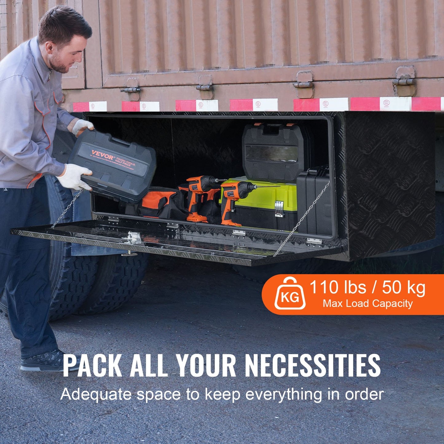 Underbody Truck Box, 60" x 24" x 24" Pickup Storage Box, Heavy Duty Aluminum Diamond Plate Tool Box with Lock and Keys, Waterproof Trailer Storage Box with T-Handle Latch for Truck, Van, Trailer