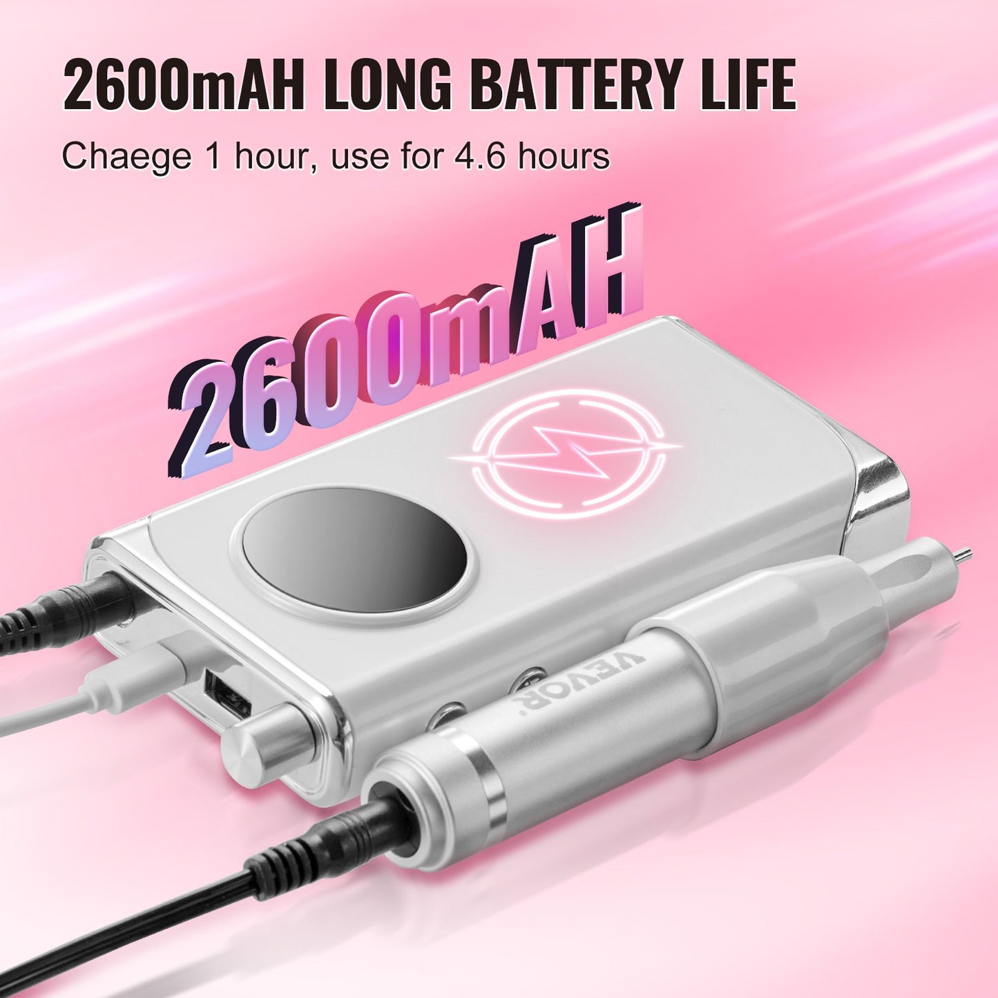 Electric Rechargeable Nail Drill, 40,000RPM Portable Cordless Nail E File Machine, LCD-Display Acrylic Gel Grinder Tool with 6 Bits and 50PCS Sanding Bands for Manicure Pedicure Carve Polish