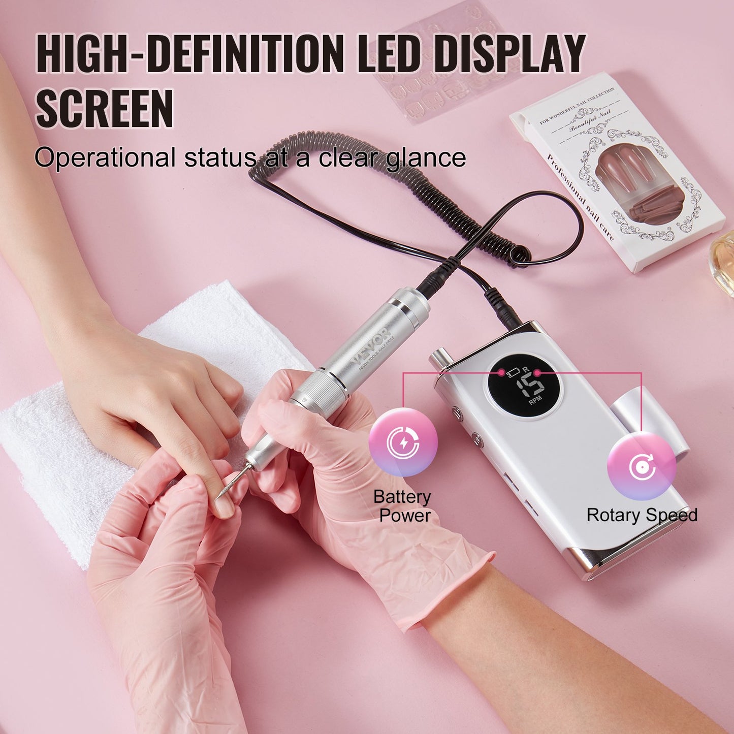 Electric Rechargeable Nail Drill, 40,000RPM Portable Cordless Nail E File Machine, LCD-Display Acrylic Gel Grinder Tool with 6 Bits and 50PCS Sanding Bands for Manicure Pedicure Carve Polish
