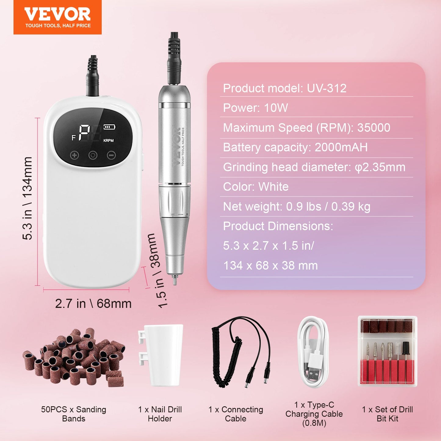 Electric Rechargeable Nail Drill, 35,000RPM Portable Cordless Nail E File Machine, LCD-Display Acrylic Gel Grinder Tool with 6 Bits and 50PCS Sanding Bands for Manicure Pedicure Carve Polish