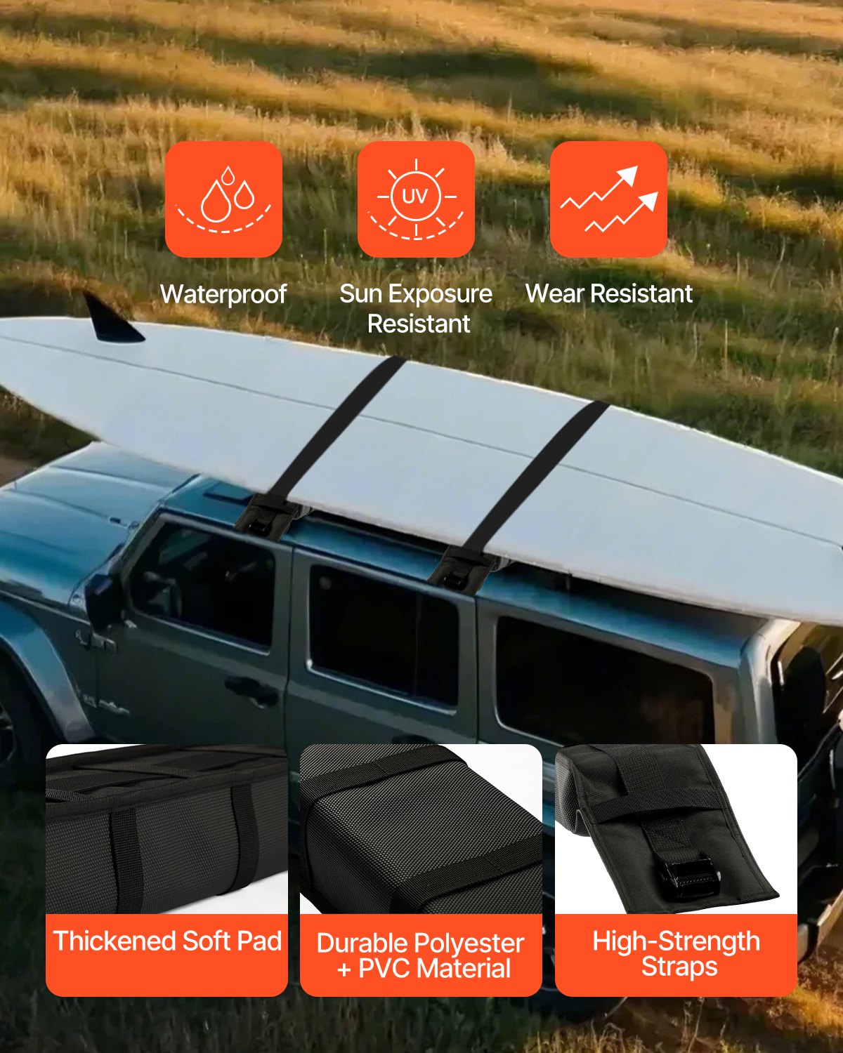 Mjuka takräcksdynor, 33-tums universal takräcksdyna för bil, 176 kg lastkapacitet för bagage, kajak, med 2 fästremmar och bärbar förvaringsväska för SUP, kanot, snowboard, paddelbräda