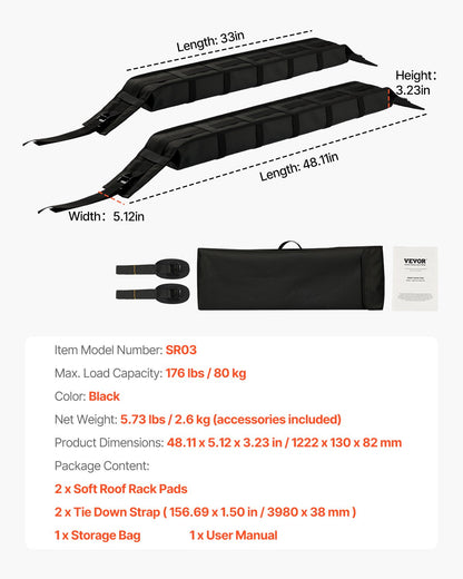 Soft Roof Rack Pads, 33-Inch Universal Car Roof Rack Pad, 176LBS Load Capacity Luggage Kayak Carrier with 2 Tie-Down Straps and Portable Storage Bag for SUP Canoe Snowboard Paddle Board