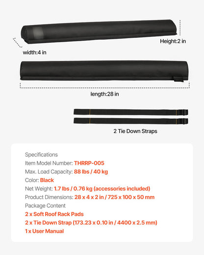 Soft Roof Rack Pads, 28" Universal Car Roof Rack Pads for Various Crossbars, 88LBS Load Capacity Luggage Kayak Carrier with 2 Tie Down Straps & Velcros for SUPs Canoes Snowboards Paddle Boards