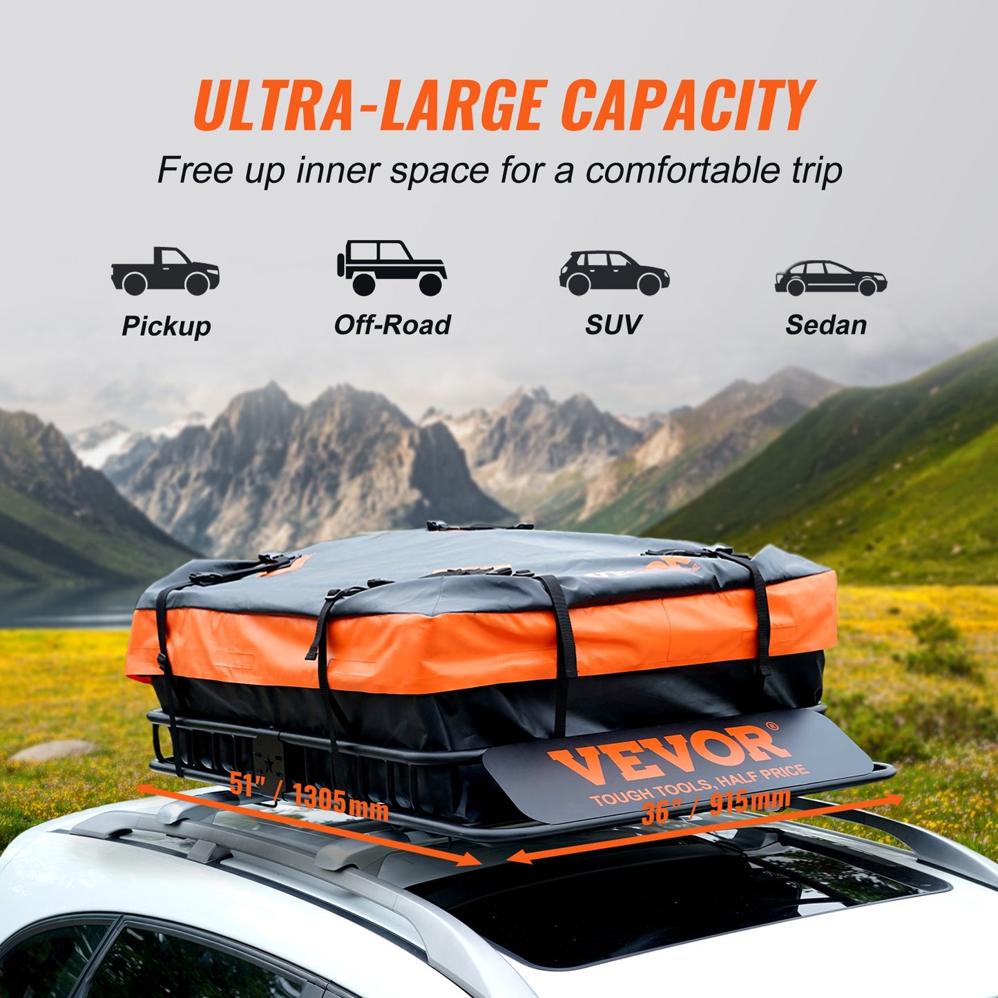 Roof Rack Cargo Basket, 130.5 x 91.5 x 12.7 cm Rooftop Cargo Carrier w/ 15 Cu Ft Waterproof Cargo Bag, 90 kg Capacity Universal Rack Carrier for SUV, Truck