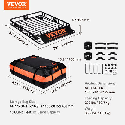 Roof Rack Cargo Basket, 130.5 x 91.5 x 12.7 cm Rooftop Cargo Carrier w/ 15 Cu Ft Waterproof Cargo Bag, 90 kg Capacity Universal Rack Carrier for SUV, Truck