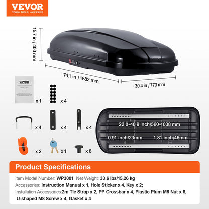 Rooftop Cargo Carrier, 14 Cubic Feet Roof Cargo Box, ABS Hard Shell Roof Box, with Dual-Sided Opening and 2 Reinforced Straps, Aerodynamic, Suitable for most Crossbar, for Car, Wagon, SUV, Black