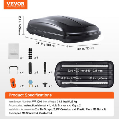 Rooftop Cargo Carrier, 14 Cubic Feet Roof Cargo Box, ABS Hard Shell Roof Box, with Dual-Sided Opening and 2 Reinforced Straps, Aerodynamic, Suitable for most Crossbar, for Car, Wagon, SUV, Black