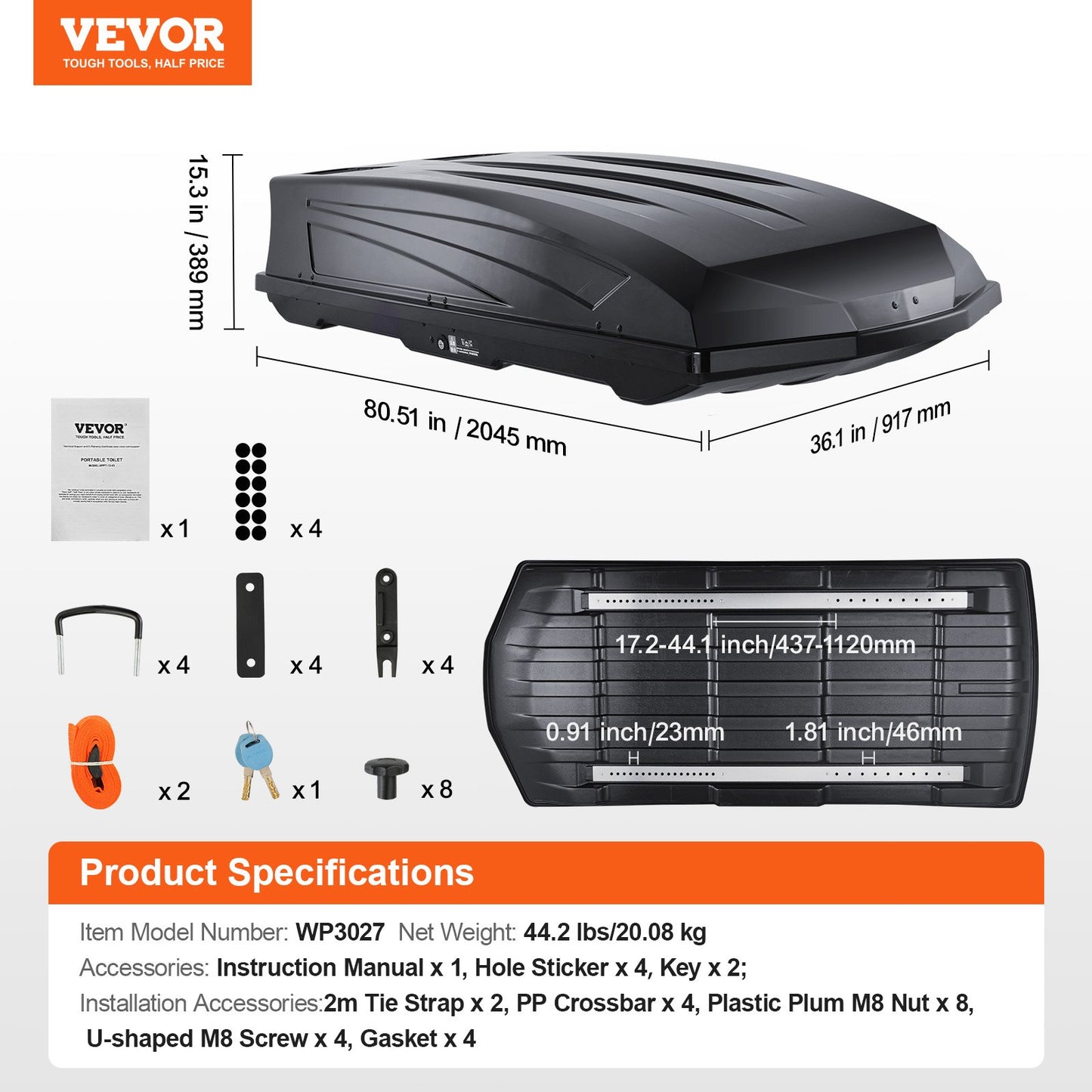 Rooftop Cargo Carrier, 18 Cubic Feet Roof Cargo Box, ABS Hard Shell Roof Box, with Dual-Sided Opening and 2 Reinforced Straps, Aerodynamic, Suitable for most Crossbar, for Car, Wagon, SUV, Black