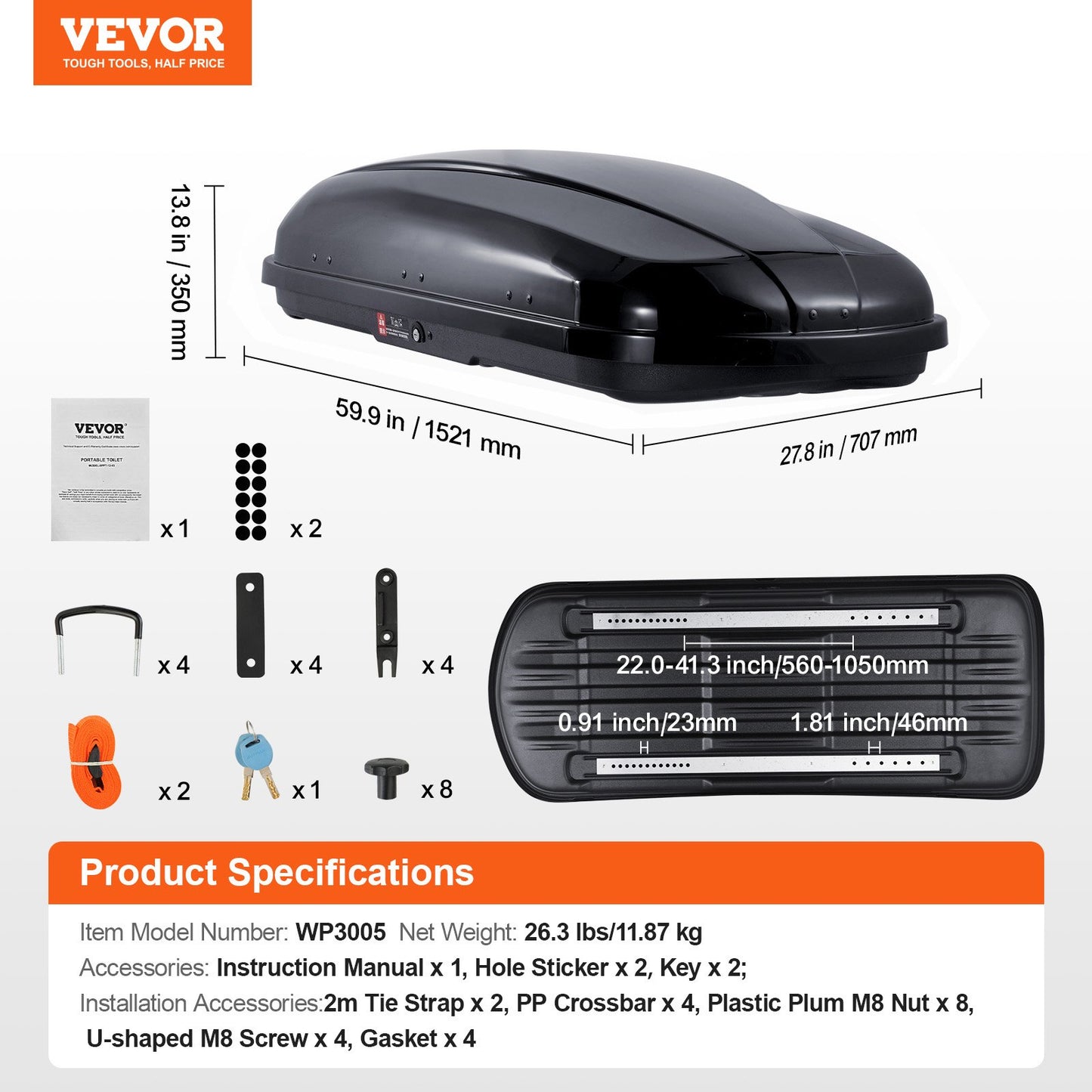 Rooftop Cargo Carrier, 8 Cubic Feet Roof Cargo Box, ABS Hard Shell Roof Box, with Dual-Sided Opening and 2 Reinforced Straps, Aerodynamic, Suitable for most Crossbar, for Car, Wagon, SUV, Black