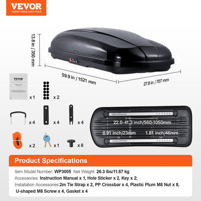 Rooftop Cargo Carrier, 8 Cubic Feet Roof Cargo Box, ABS Hard Shell Roof Box, with Dual-Sided Opening and 2 Reinforced Straps, Aerodynamic, Suitable for most Crossbar, for Car, Wagon, SUV, Black