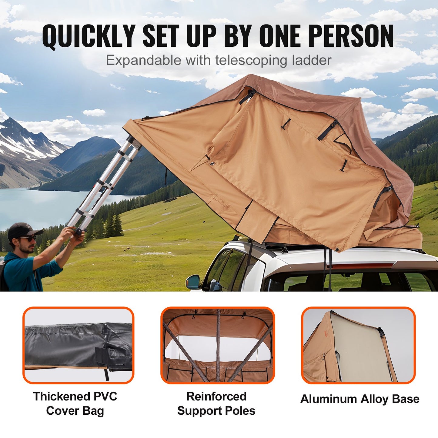 Rooftop Tent Hard Shell, Naturnest Rooftop Tent Hardshell for 2-3 Person, Folding Hard Shell Roof Top Tent with Telescopic Ladder Mattress PVC Cover Bag, Waterproof for Jeep SUV Van Pickup Truck