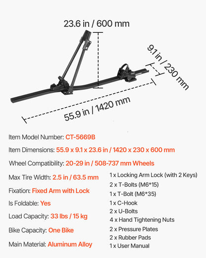 Roof Bike Rack, 15 kg Capacity, Upright Roof Mount Bicycle Rack with Secure Locking System for Most Standard Crossbars, Aluminum Upright Rooftop Bike Rack, 1 Bike Carrier for Car SUV, Black