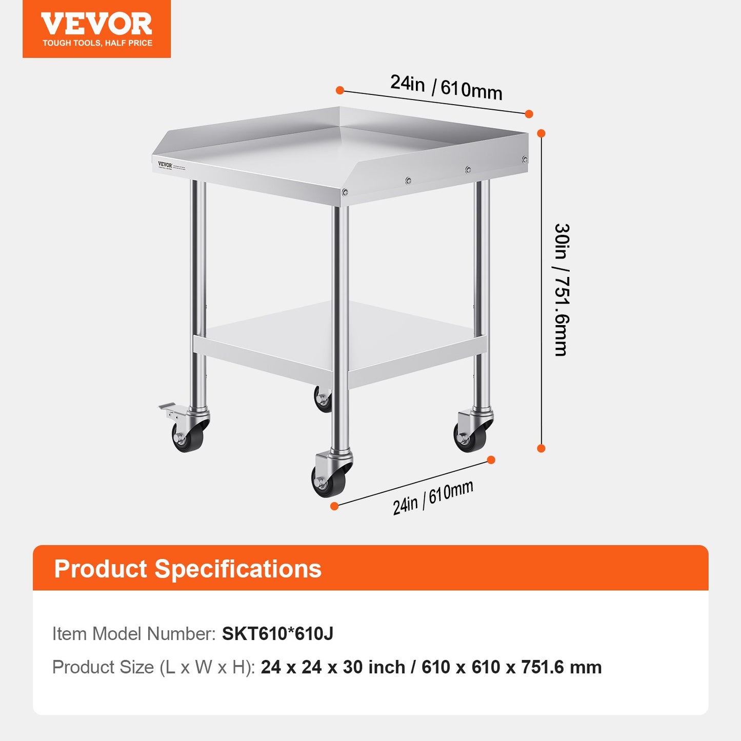 Stainless Steel Work Table 61x61 cm Commercial Food Prep Table W/ 4 Casters