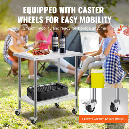 Arbetsbord i rostfritt stål 24 x 36 x 38 tum, med 4 hjul, 3 justerbara höjdnivåer, kraftigt arbetsbord för matlagning för storkök, restaurang, silver