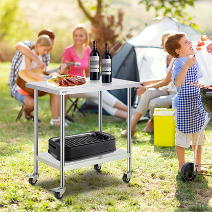 Arbetsbord i rostfritt stål 24 x 36 x 38 tum, med 4 hjul, 3 justerbara höjdnivåer, kraftigt arbetsbord för matlagning för storkök, restaurang, silver