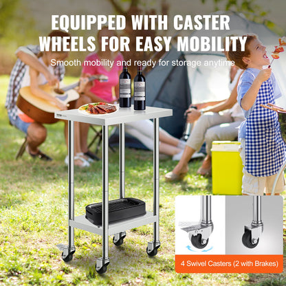 Stainless Steel Work Table 24 x 18 x 38 Inch, with 4 Wheels, 3 Adjustable Height Levels, Heavy Duty Food Prep Worktable for Commercial Kitchen Restaurant, Silver