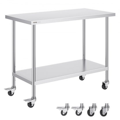 Stainless Steel Work Table 24 x 48 x 38 Inch, with 4 Wheels, 3 Adjustable Height Levels, Heavy Duty Food Prep Worktable for Commercial Kitchen Restaurant, Silver
