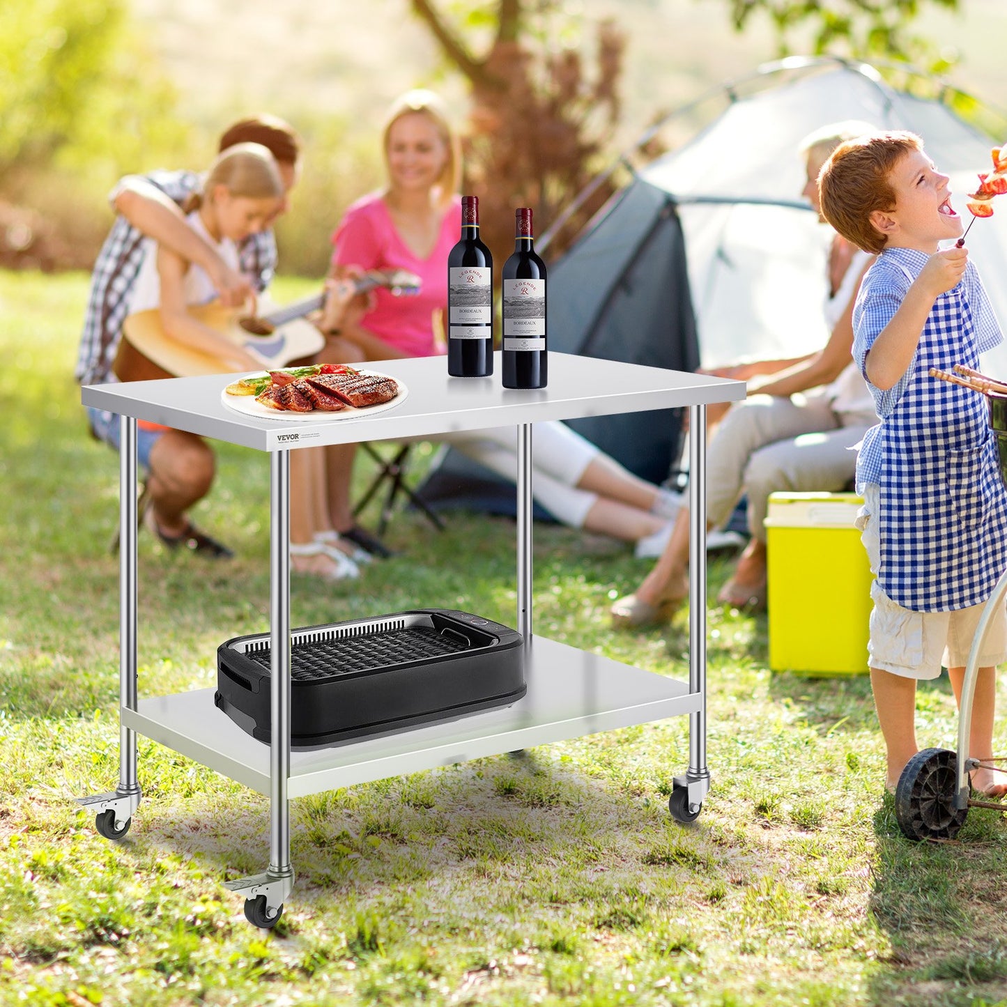 Arbetsbord i rostfritt stål 30 x 48 x 38 tum, med 4 hjul, 3 justerbara höjdnivåer, kraftigt arbetsbord för matlagning för storkök, restaurang, silver