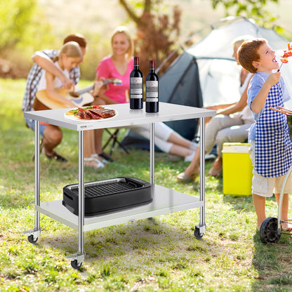 Arbetsbord i rostfritt stål 30 x 48 x 38 tum, med 4 hjul, 3 justerbara höjdnivåer, kraftigt arbetsbord för matlagning för storkök, restaurang, silver