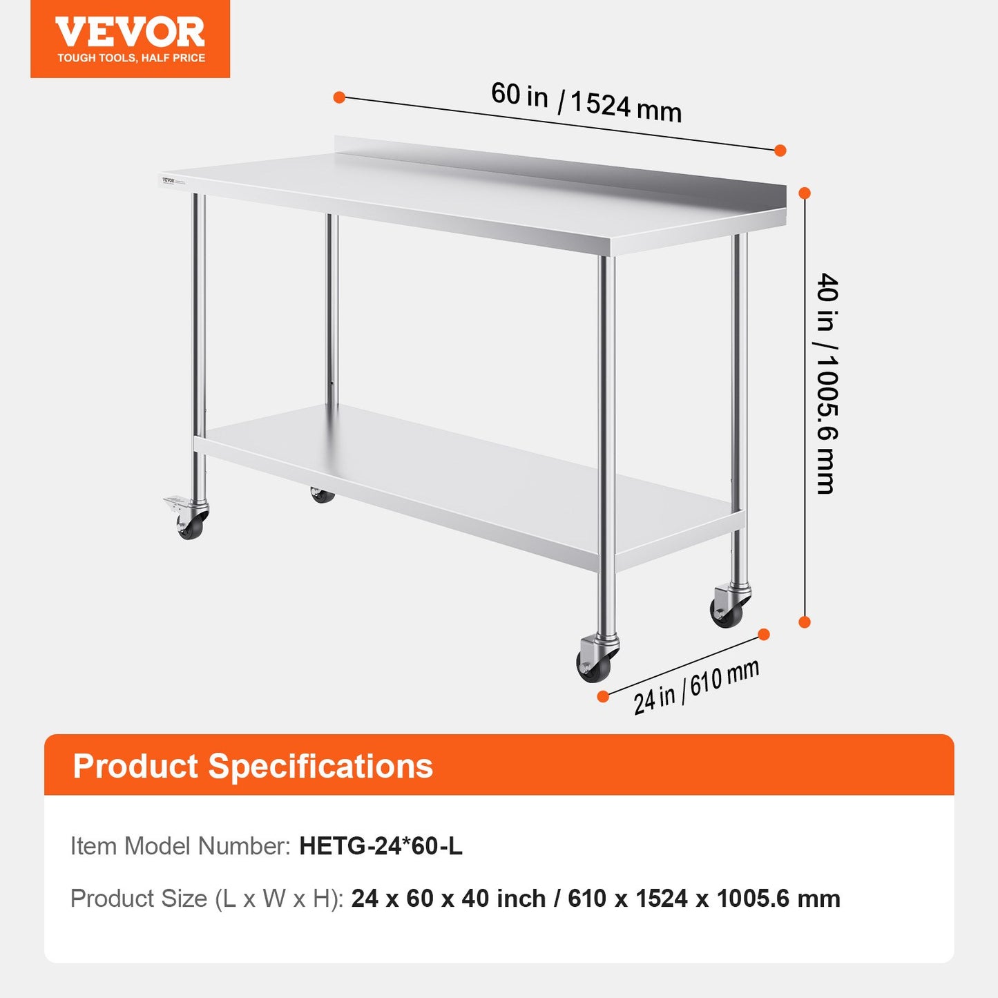 24 x 60 x 40 Inch Stainless Steel Work Table, Commercial Food Prep Worktable with Casters, Heavy Duty Prep Worktable, Metal Work Table with Adjustable Height for Restaurant, Home and Hotel