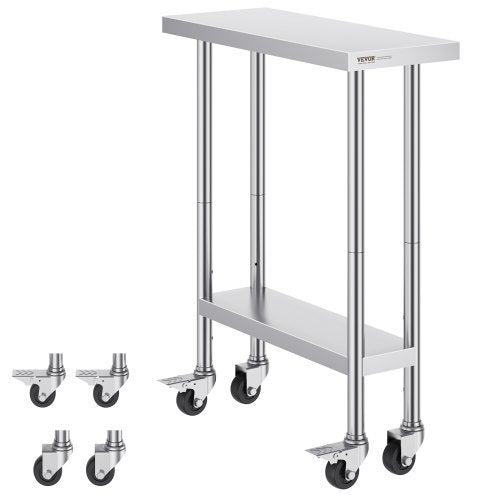 Stainless Steel Work Table 30 x 12 x 38 Inch, with 4 Wheels, 3 Adjustable Height Levels, Heavy Duty Food Prep Worktable for Commercial Kitchen Restaurant, Silver