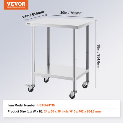 Stainless Steel Work Table 24 x 30 x 38 Inch, with 4 Wheels, 3 Adjustable Height Levels, Heavy Duty Food Prep Worktable for Commercial Kitchen Restaurant, Silver