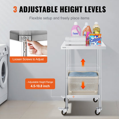 Stainless Steel Work Table 24 x 24 x 38 Inch, with 4 Wheels, 3 Adjustable Height Levels, Heavy Duty Food Prep Worktable for Commercial Kitchen Restaurant, Silver
