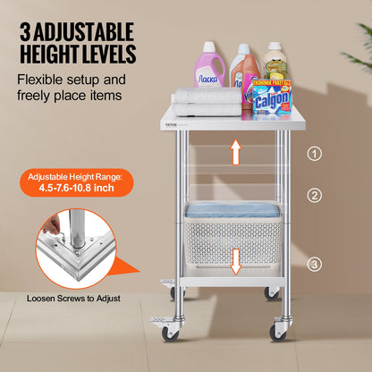 24 x 24 x 40 Inch Stainless Steel Work Table, Commercial Food Prep Worktable with Casters, Heavy Duty Prep Worktable, Metal Work Table with Adjustable Height for Restaurant, Home and Hotel