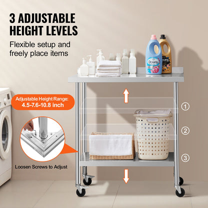 24 x 36 x 40 Inch Stainless Steel Work Table, Commercial Food Prep Worktable with Casters, Heavy Duty Prep Worktable, Metal Work Table with Adjustable Height for Restaurant, Home and Hotel