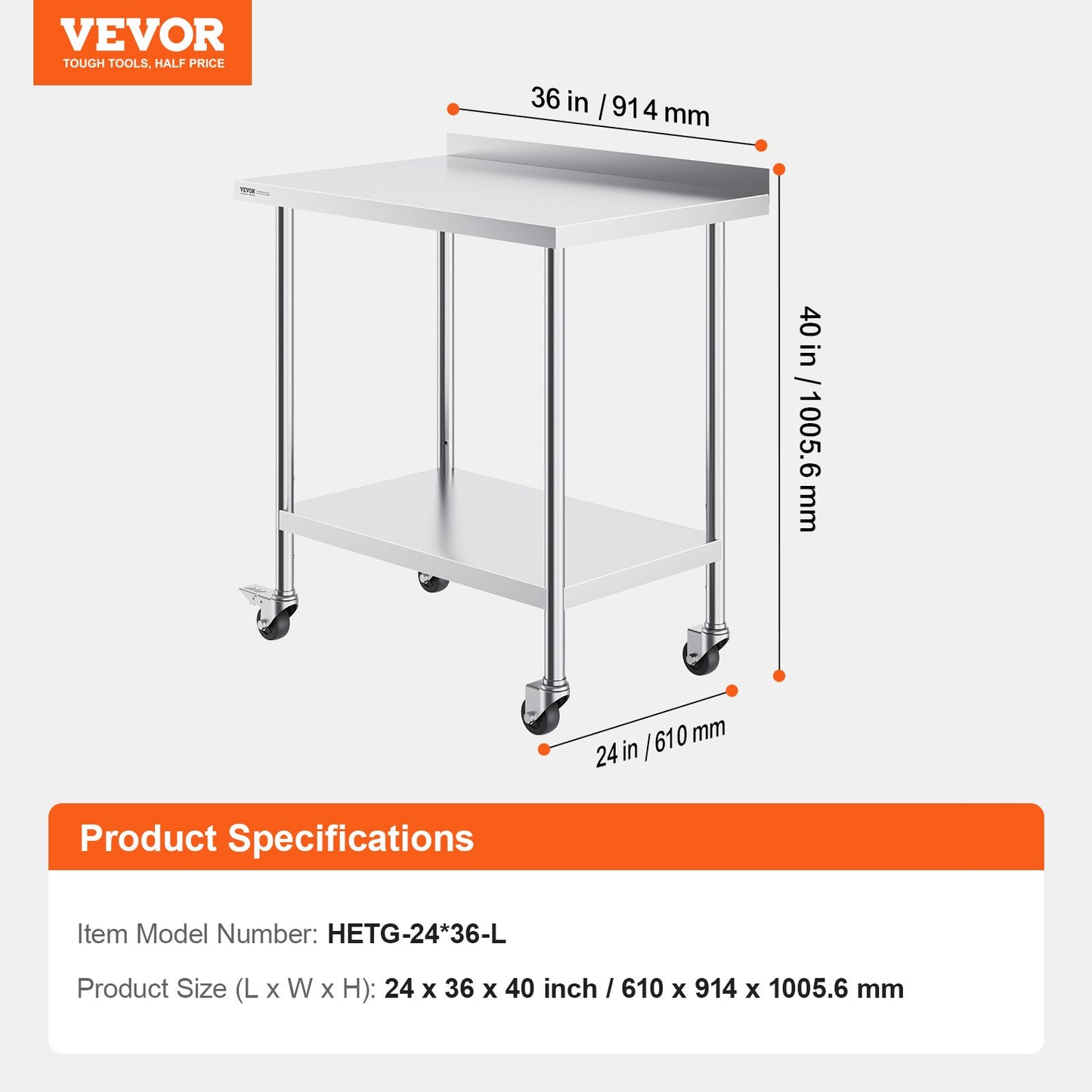 24 x 36 x 40 Inch Stainless Steel Work Table, Commercial Food Prep Worktable with Casters, Heavy Duty Prep Worktable, Metal Work Table with Adjustable Height for Restaurant, Home and Hotel