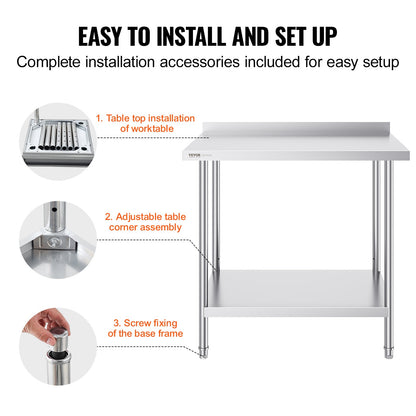 24 x 36 x 36 tums arbetsbord i rostfritt stål, kommersiellt arbetsbord för matlagning. Kraftigt arbetsbord för matlagning, arbetsbord i metall med justerbar höjd för restaurang, hem och hotell.