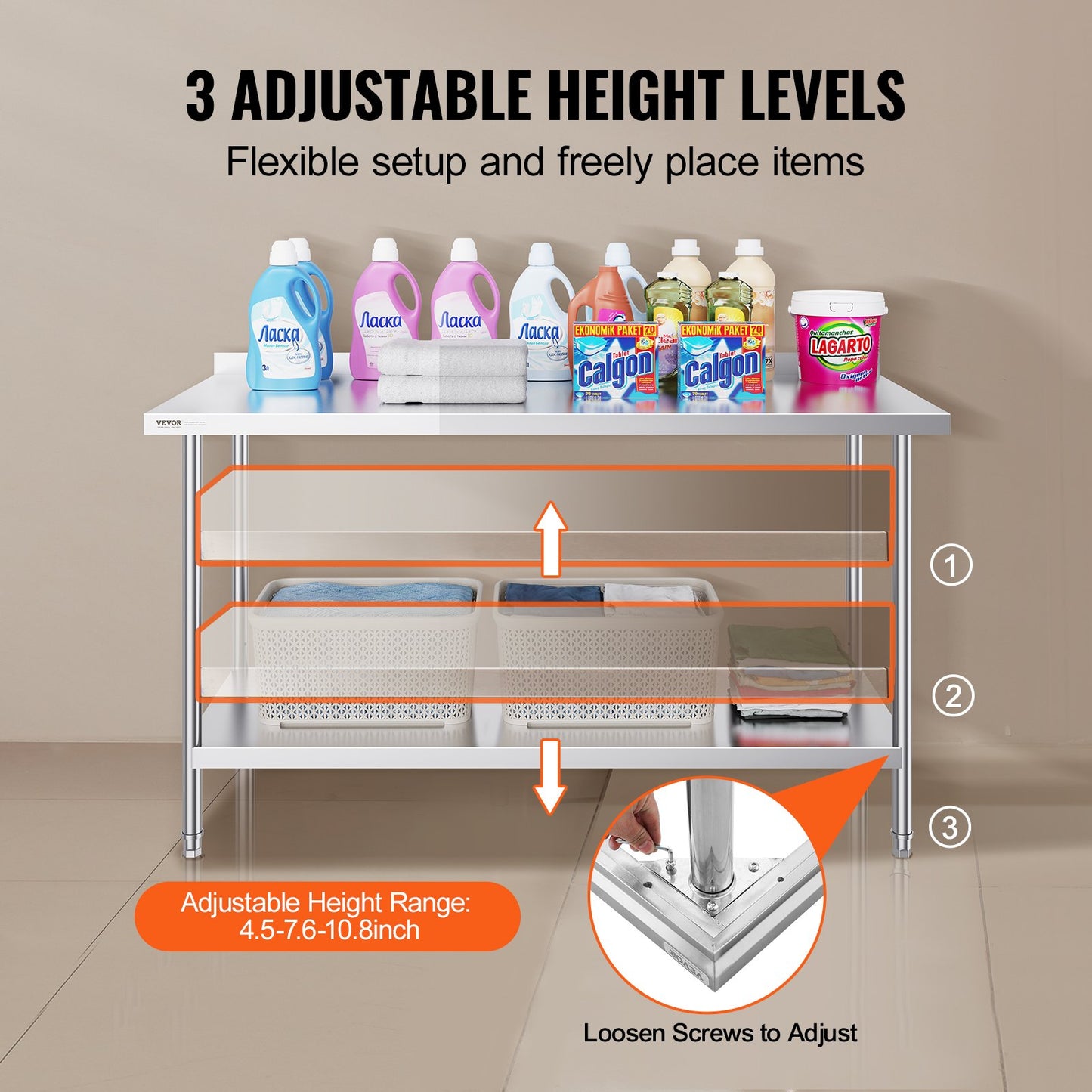 24 x 60 x 36 tums arbetsbord i rostfritt stål, kommersiellt arbetsbord för matlagning, kraftigt arbetsbord för matlagning, arbetsbord i metall med justerbar höjd för restaurang, hem och hotell