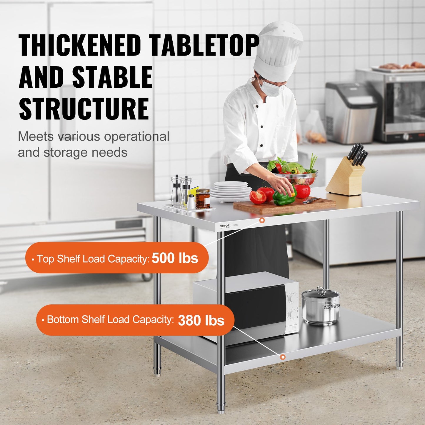 Stainless Steel Prep Table, 30 x 48 x 34 Inch, Heavy Duty Metal Worktable with 3 Adjustable Height Levels, Commercial Workstation for Kitchen Garage Restaurant Backyard