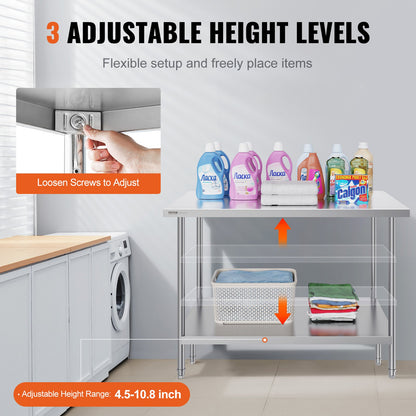 Stainless Steel Prep Table, 30 x 48 x 34 Inch, Heavy Duty Metal Worktable with 3 Adjustable Height Levels, Commercial Workstation for Kitchen Garage Restaurant Backyard