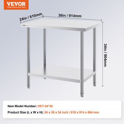 Stainless Steel Prep Table, 24 x 36 x 34 Inch, Heavy Duty Metal Worktable with 3 Adjustable Height Levels, Commercial Workstation for Kitchen Garage Restaurant Backyard
