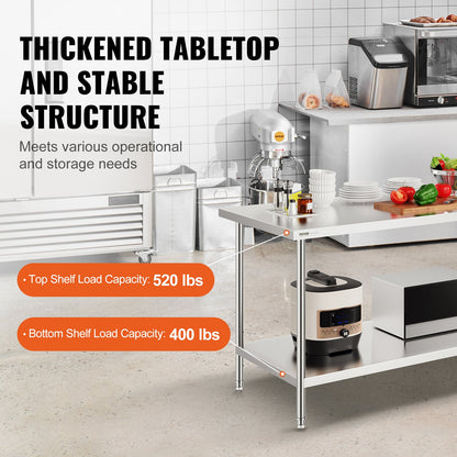 Förberedelsebord i rostfritt stål, 30 x 72 x 34 tum, kraftigt arbetsbord i metall med 3 justerbara höjdnivåer, kommersiell arbetsstation för kök, garage, restaurang, trädgård