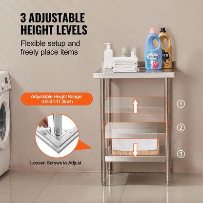 24 x 24 x 36 tums arbetsbord i rostfritt stål, kommersiellt arbetsbord för matlagning. Kraftigt arbetsbord för matlagning, arbetsbord i metall med justerbar höjd för restaurang, hem och hotell.