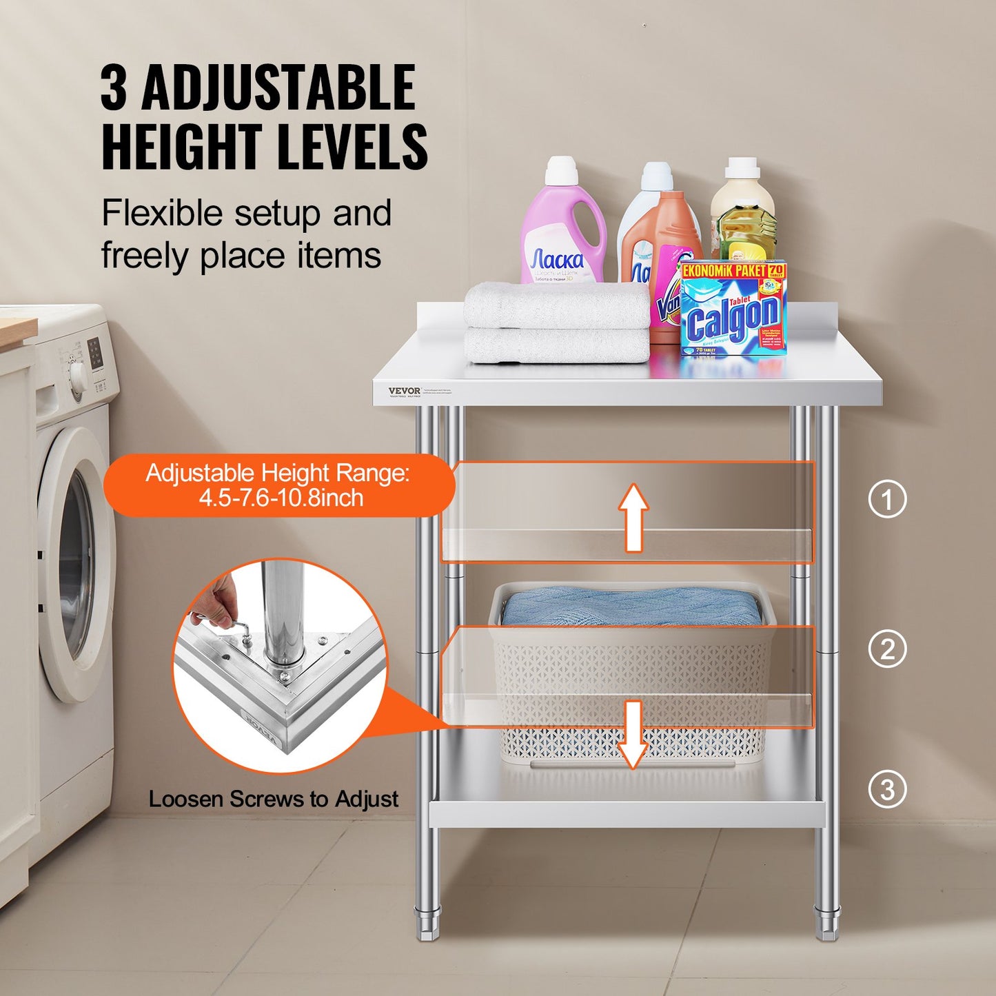 24 x 30 x 36 Inch Stainless Steel Work Table, Commercial Food Prep Worktable Heavy Duty Prep Worktable, Metal Work Table with Adjustable Height for Restaurant, Home and Hotel