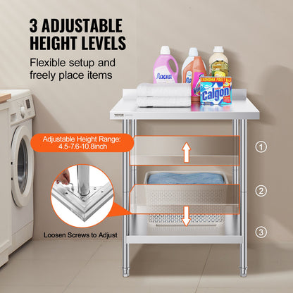 24 x 30 x 36 Inch Stainless Steel Work Table, Commercial Food Prep Worktable Heavy Duty Prep Worktable, Metal Work Table with Adjustable Height for Restaurant, Home and Hotel