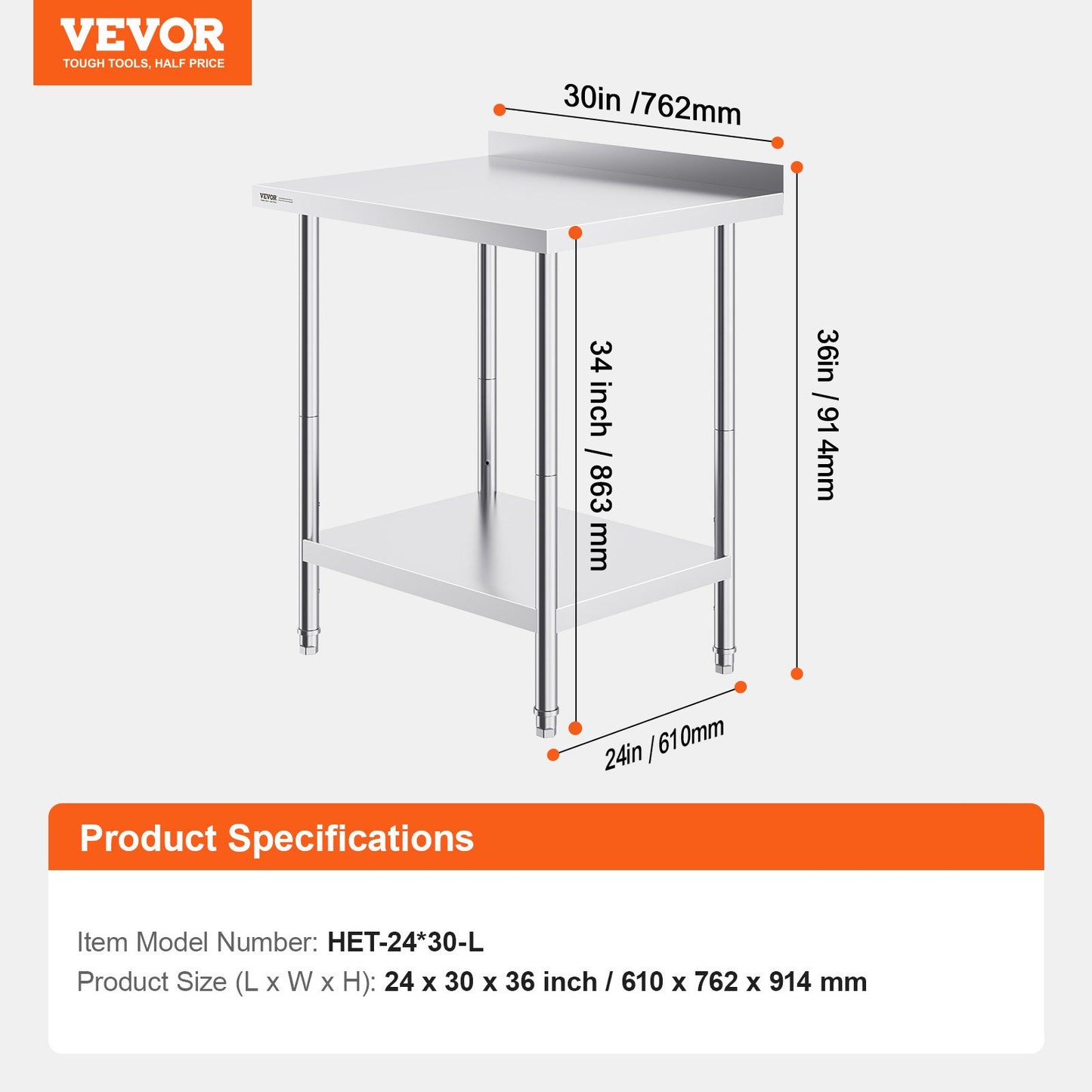 24 x 30 x 36 Inch Stainless Steel Work Table, Commercial Food Prep Worktable Heavy Duty Prep Worktable, Metal Work Table with Adjustable Height for Restaurant, Home and Hotel