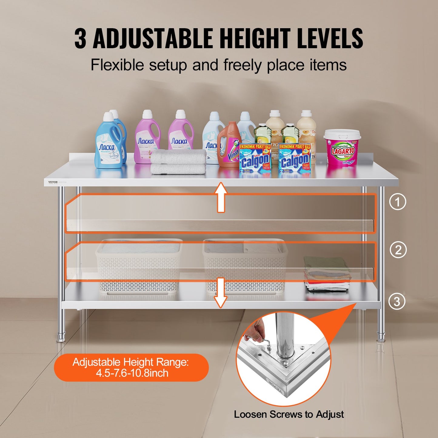 24 x 72 x 36 Inch Stainless Steel Work Table, Commercial Food Prep Worktable Heavy Duty Prep Worktable, Metal Work Table with Adjustable Height for Restaurant, Home and Hotel