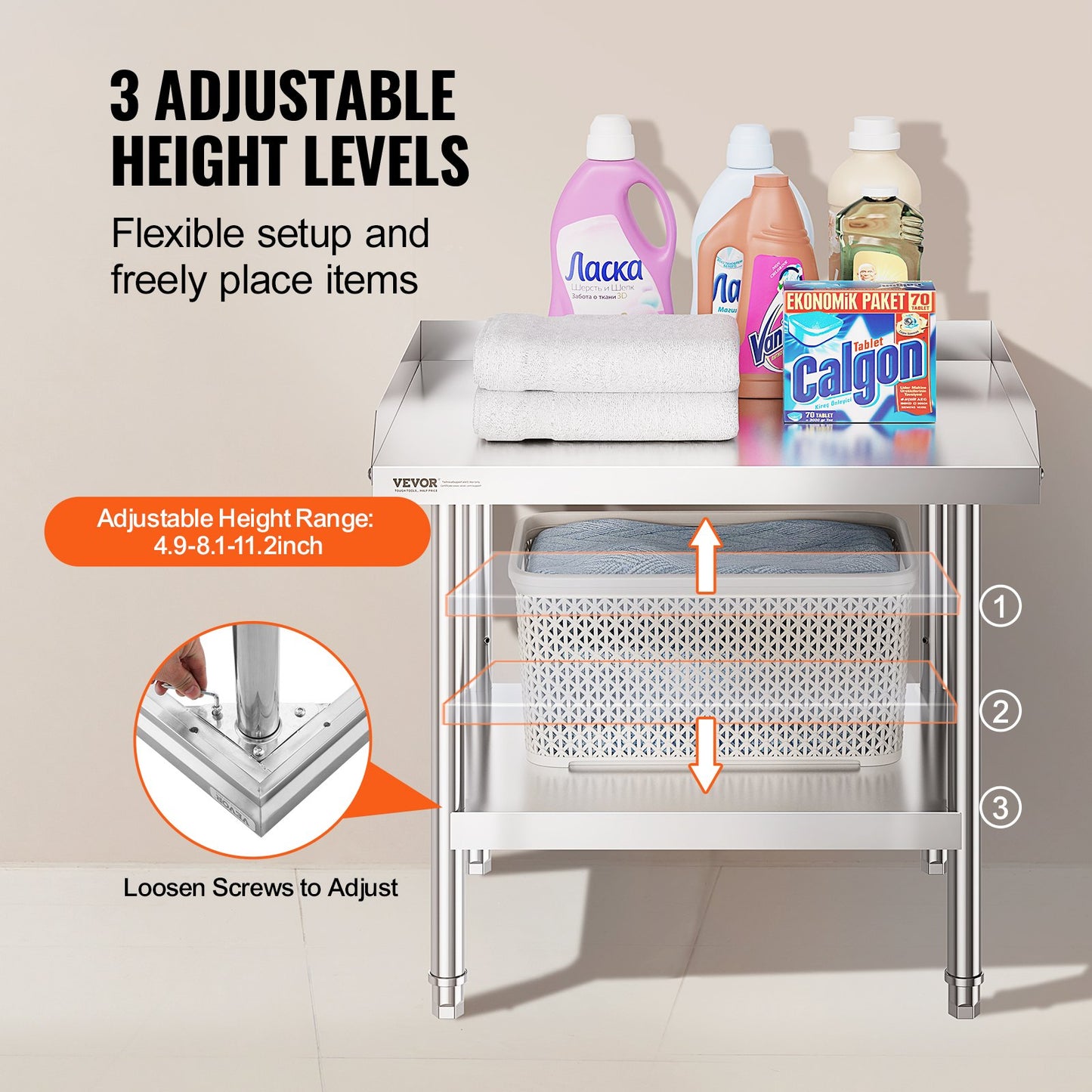 Arbetsbord i rostfritt stål, 24 x 28 x 26 tums kommersiellt arbetsbord för matlagning, 3-sidigt bakstänkskydd kraftigt arbetsbord för matlagning, arbetsbord i metall med justerbar höjd för restaurang, hem, hotell