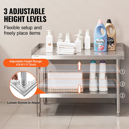 Arbetsbord i rostfritt stål, 30 x 36 x 26 tums kommersiellt arbetsbord för matlagning, 3-sidigt bakstänkskydd kraftigt arbetsbord för matlagning, arbetsbord i metall med justerbar höjd för restaurang, hem, hotell