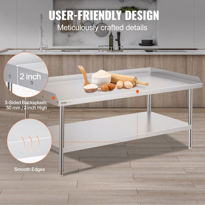 Stainless Steel Work Table, 30 x 60 x 26 Inch Commercial Food Prep Worktable, 3-Sided Backsplash Heavy Duty Prep Worktable, Metal Work Table for Restaurant Home Hotel