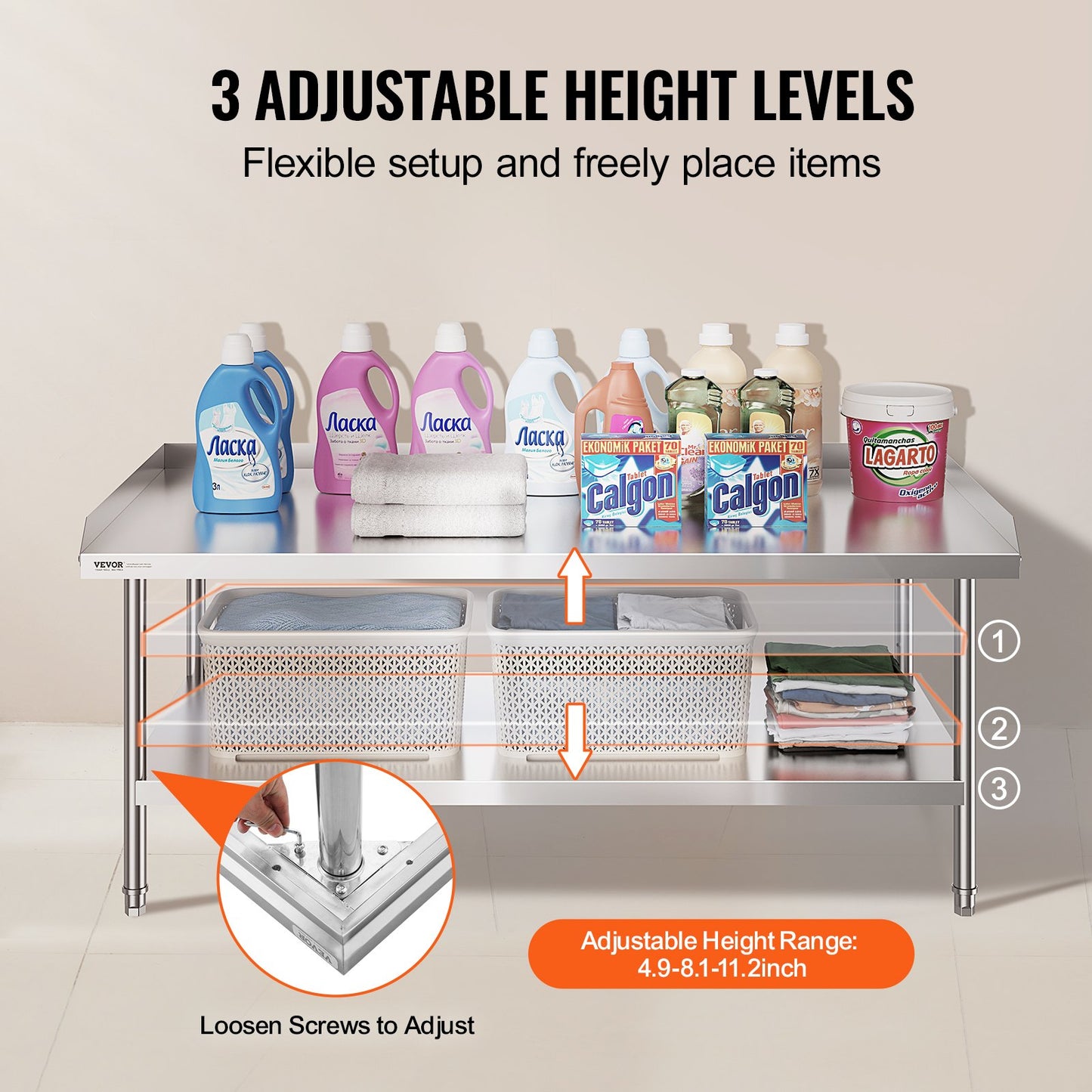 Stainless Steel Work Table, 30 x 60 x 26 Inch Commercial Food Prep Worktable, 3-Sided Backsplash Heavy Duty Prep Worktable, Metal Work Table for Restaurant Home Hotel