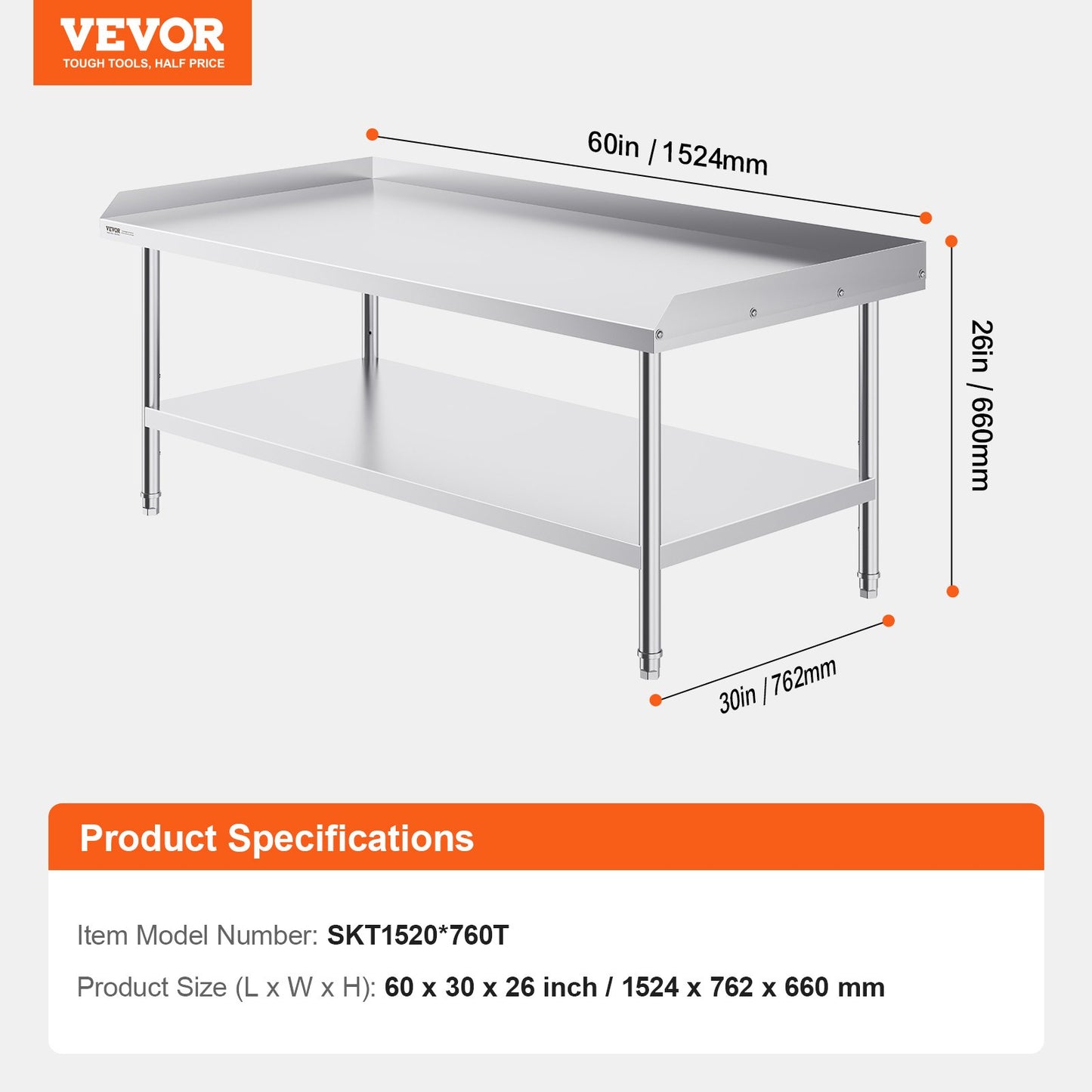 Stainless Steel Work Table, 30 x 60 x 26 Inch Commercial Food Prep Worktable, 3-Sided Backsplash Heavy Duty Prep Worktable, Metal Work Table for Restaurant Home Hotel