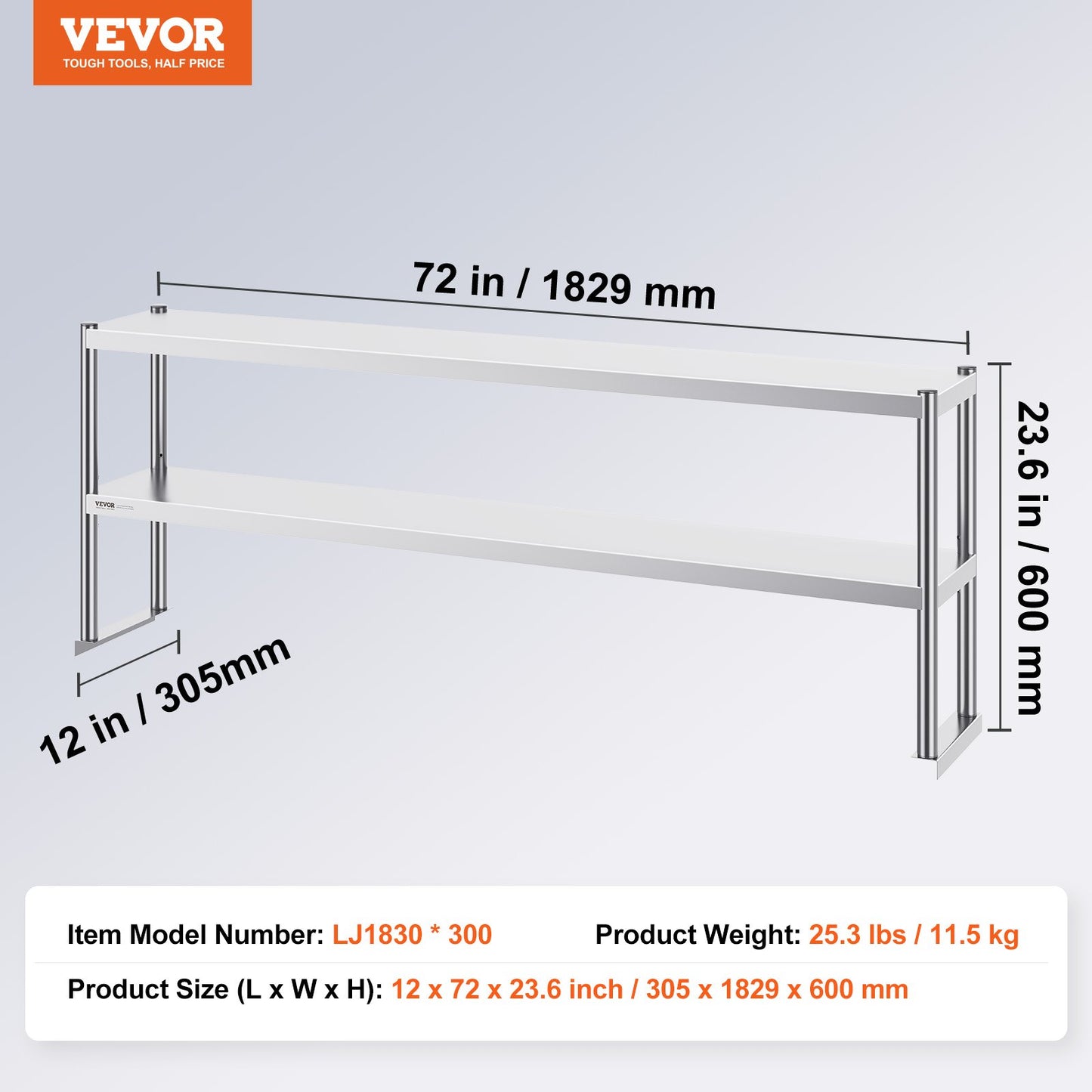 Double Overshelf, Double Tier Stainless Steel Overshelf, 12 x 72 Inch Double Deck Overshelf, Height Adjustable Overshelf Prep Work Table for Kitchen, Restaurant and Workshop